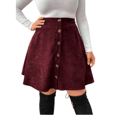 Shein Franclia Plus Size Front Button Simple A-Line Skirt, Casual Everyday Wear, For Thanksgiving, Burgundy Color
