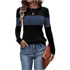 Shein Lune Women Contrast Color Crew Neck Long Sleeve Ribbed Casual T-Shirt, Spring & Summer Graphic Tees Women Tops For Spring Outfit