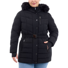 Michael Kors Belted Faux Fur Trim Hooded Puffer Coat Plus Size - Black