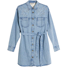 River Island Denim Long Sleeve Belted Shirt Dress - Blue