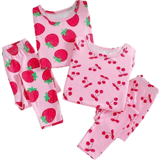 Multicoloured Pyjamases Shein 2pcs Young Girl Strawberry & Cherry Pattern Snug Fit Long Sleeve Pajamas Set, Sold Separately