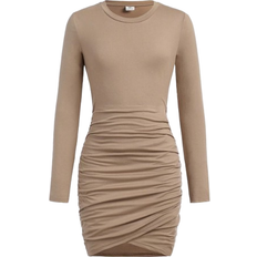 Shein Tween Girls Casual Crew Neck Asymmetric Apricot Mini Dress