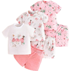 Shein Baby Girl 6pcs/Set Cute, Interesting, Elegant Flower Patterned Short Sleeve T-Shirt And Shorts Outfits For Spring And Summer