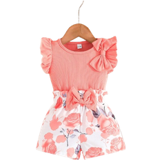 Shein Summer Children's Clothing Set For Baby Girls - Fly Sleeve Cute Bowknot Top With Casual Flower Printed Shorts, 2pcs Outfit For Toddler Girls