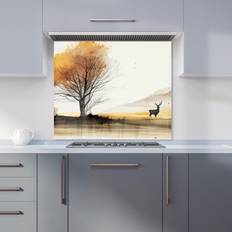 Grey Splash Guards East Urban Home Autumn Landscape Stag Watercolour Premium Glass Kitchen Splashback W600mm x H750mm - Grey Splash Guard