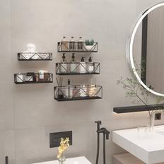 Williston Forge Set of 5 Floating Wooden Shelves with Bars Wall Shelf