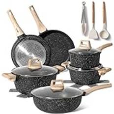 Just Perfecto Topf und Pfannenset Induktion mit Deckel 15-teiliges Kochtopfset Aluminium mit Antihaftbeschichtung Töpfe Schwarz Set mit Klappe