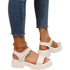 Polyuretan Sandaler Shein Women Minimalist Buckle Detail Ankle Strap White Wedge Sandals