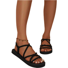 Mocka Sandaler Shein Women'S Flat Sandals With Suede Strap Decoration, Woven Sole, Simple Vacation Style, Black Cross Straps, Versatile