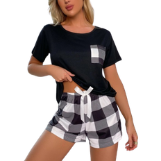 Shein Pocket Patched Tee Buffalo Plaid Print Shorts PJ Set Pajama Set