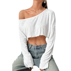 Shein Solid Color Sexy Asymmetric Neck Cropped Long Sleeve Blouse