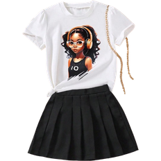 Shein Tween Girls Cartoon Girl Pattern Printed Short Sleeve T-Shirt And Solid Color Pleated Skirt Set