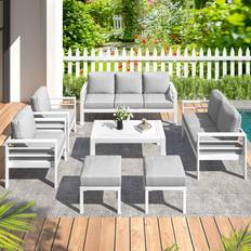 Aluminium - White Outdoor Lounge Sets Blue Elephant Charlsa Power Coated Aluminium 9 Person Seating Group with Cushions - White Outdoor Lounge Set