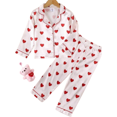 Buttons Pyjamases Children's Clothing Shein Young Girls Cute Heart Print Long Sleeve Top And Long Pants Set