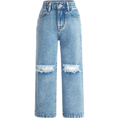 Shein Streecool Kids Young Girl New Style Casual & Fashionable Distressed Washed Denim Straight Leg Pants With High-End Texture