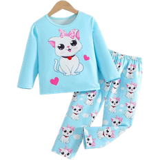 Shein Young Girl Comfortable Cartoon Cat Print Long Sleeve Pajamas Loungewear Glows Under UV Light