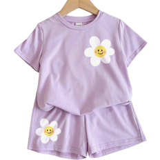 Shein pcsSet Summer Purple Flower Print Smile Face Pattern TShirt And Shorts Outfit For Young Girls