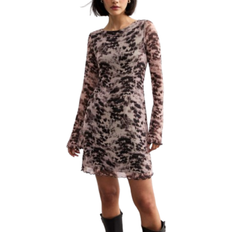 New Look Blur Print Long Sleeve Mesh Mini Dress - Brown Pattern