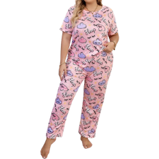 Shein Women's Plus Pink Round Neck Cloud Print Pajama Set