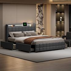 Upholstered With LED Lights And 4 Drawers 160 x 200 cm - Grey