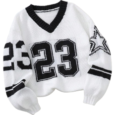 Knitted Sweaters Shein Casual Comfortable V-Neck Loose Knit Sweater - Black/White