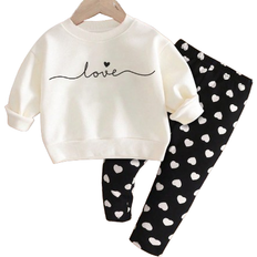 Shein Cute Handpainted Heart Print Sweatshirt And Leggings - Soft Round Neck