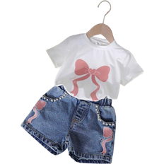 Shein Little Girls Summer Cute Bow Print T-Shirt Set - Multi