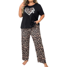 Shein Plus Leopard Butterfly Heart Print Short Sleeve Pajama Set