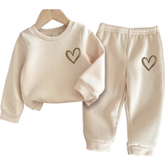 Shein Cute Hand Painted Heart Pattern Pullover Sweatshirt Set - Beige