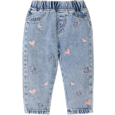 Babies Pants Shein Heart Embroidered Denim Tapered Pants - Denim