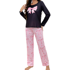 Shein Cute BowKnot Design Long Sleeve And Long Pants Womens Pajama Set