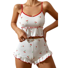 Shein Womens White Cherry Print Frill Edge Pajama Set