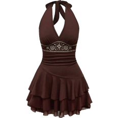 Romwe Hippie Hippie Sun Totem Embroidered Spaghetti Strap Layered Hem Short Dress For Women - Brown