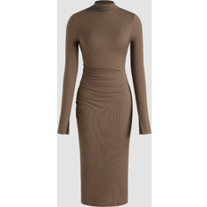 Cider High Neck Solid Ruched Midi Dress