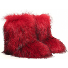 Womens snow boots Shein Womens Faux Fur Fluffy Snow Boots Fashionable Flat MidCalf Boots With Furry Trim Red