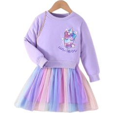 Polyester Klänningar Shein Young Girl Unicorn & Letter Graphic Ombre Mesh Hem Dress