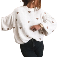 Shein Autumn And Winter Women's Valentine's Day Cute Casual Heart-Patterned Loose-Fit Fashionable Sweater With Round Neck And Long Sleeves
