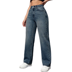 Shein Casual High Waist Straight Leg Denim Jeans Dark Wash