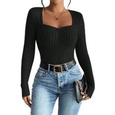 Shein Womens Plain Scoop Neck Long Sleeve Ribbed Casual TShirt Autumn