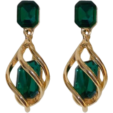 Shein 2pcs Geometric Green Gemstone & Diamond Drop Earrings For Women