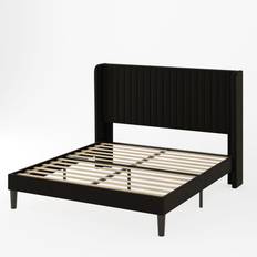 Platform bed frame Allewie Queen Size Velvet Bed Frame Vertical Channel Wingback Headboard - Black