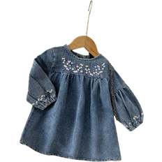 Shein Infant Girls Cute Floral Embroidered Loose Comfortable Denim Dress With Ruffle Hem Design