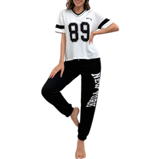 Shein Colorblock Digital Pattern V-Neck Short Sleeve Top And Letter Print Long Pants Pajama Set