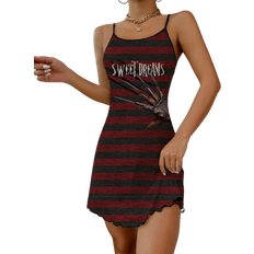 Polyester Natkjoler Shein Burgundy Black Striped English Text Print Spaghetti Strap Nightgown