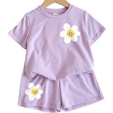 Purple Other Sets Children's Clothing Shein pcsSet Summer Casual Simple Cute Smiling Face Floral Printed Short Sleeve TShirt And Shorts Set For Tween Girls