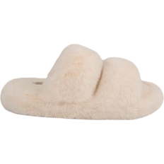 Open Toe Slippers FamilyFairy Women Fluffy Faux Fur Slippers Comfy Open Toe Two Band Slides with Fleece Lining and Rubber Sole