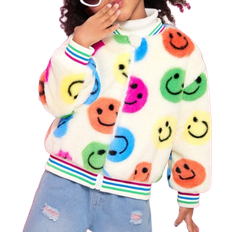 Multicoloured Fleece Garments Shein Young Girls Cute Elegant Lovely Princess Style Fashionable And Versatile Jacket Suitable For Autumn, Winter, Daily, Party, School, Colorful Face Print, Ribbed Hem, Sporty Bomber Style