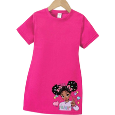 Shein Toddler Girls' Fashionable And Cute Short Sleeve T-Shirt Dress With Bowknot And Little Girl Print
