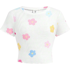 Shein Tween Girls Casual Minimalist Round Neck Floral Print Cap Sleeve TShirt