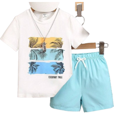 Shein Young Boy Casual Tropical Letter Print Short Sleeve T-Shirt And Shorts Summer Set